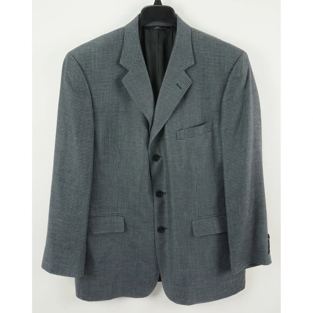 Brooks Brothers Silk Wool Linen Houndstooth Men 44R Blue Three Button Sport Coat